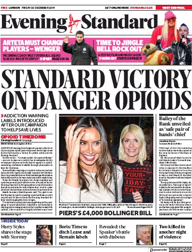 London Evening Standard (UK) Newspaper Front Page for 23 December 2019