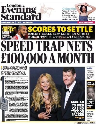 London Evening Standard Newspaper Front Page for 23 January 2016