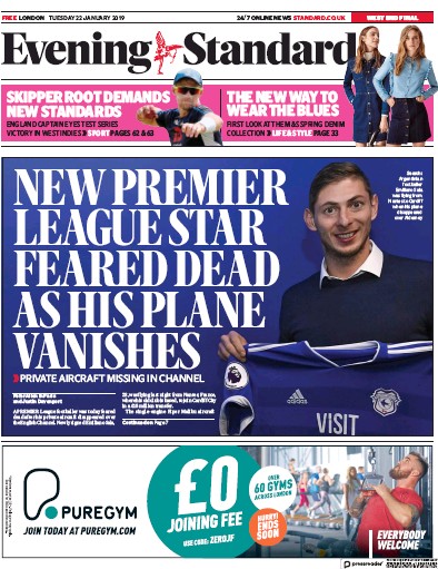 London Evening Standard Newspaper Front Page for 23 January 2019