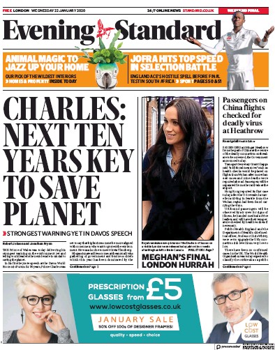 London Evening Standard Newspaper Front Page for 23 January 2020
