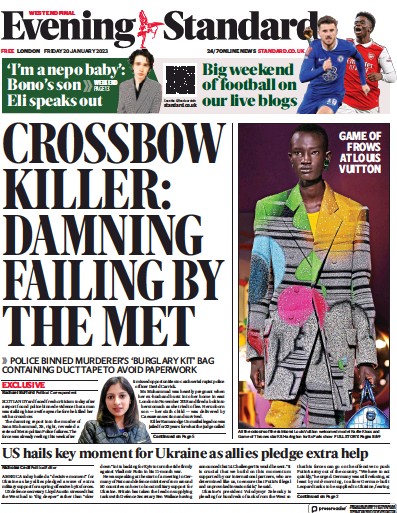 London Evening Standard (UK) Newspaper Front Page for 23 January 2023