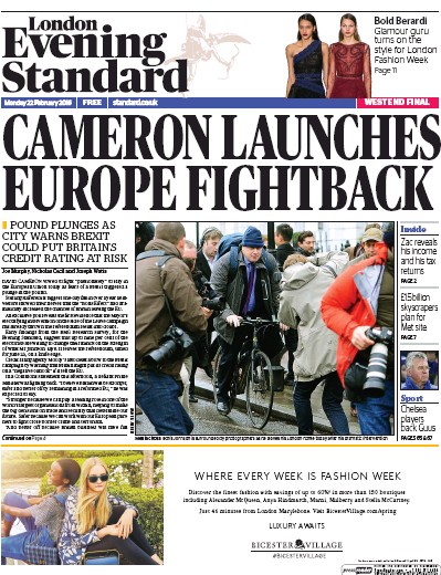 London Evening Standard Newspaper Front Page for 23 February 2016