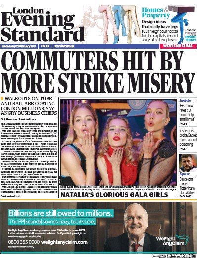 London Evening Standard Newspaper Front Page for 23 February 2017