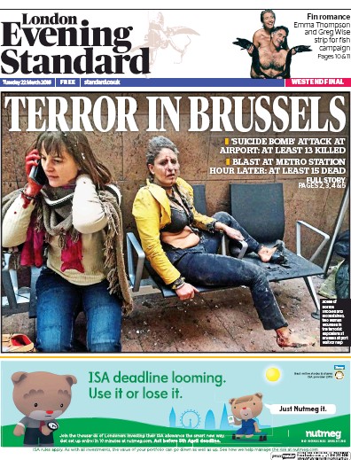 London Evening Standard Newspaper Front Page for 23 March 2016