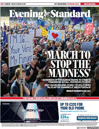 London Evening Standard Newspaper Front Page for 23 March 2019