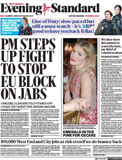 London Evening Standard (UK) Newspaper Front Page for 23 March 2021