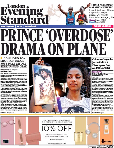 London Evening Standard Newspaper Front Page for 23 April 2016