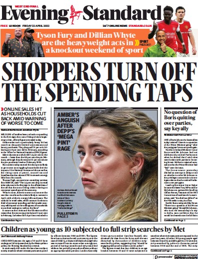 London Evening Standard Newspaper Front Page for 23 April 2022