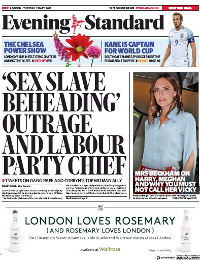 London Evening Standard (UK) Newspaper Front Page for 23 May 2018