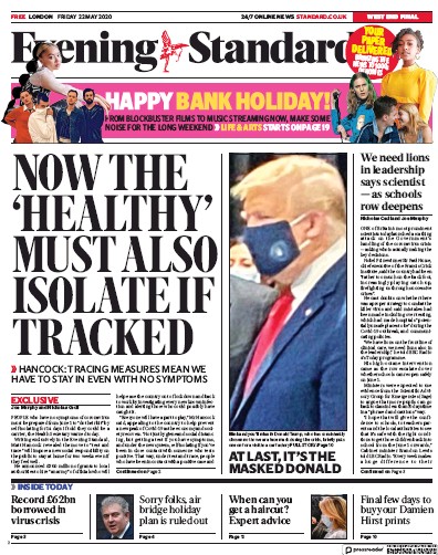 London Evening Standard (UK) Newspaper Front Page for 23 May 2020