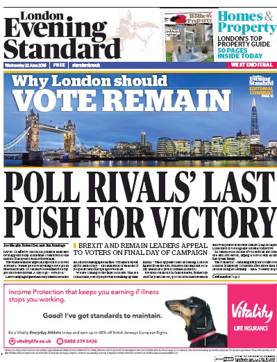 London Evening Standard Newspaper Front Page for 23 June 2016