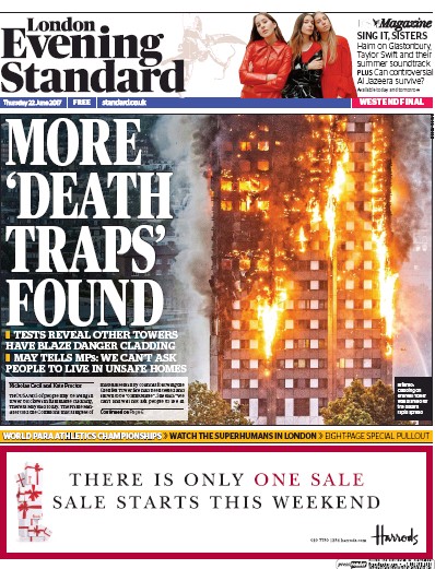 London Evening Standard (UK) Newspaper Front Page for 23 June 2017