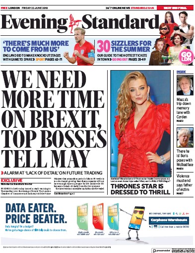 London Evening Standard Newspaper Front Page for 23 June 2018