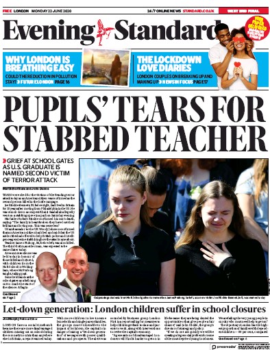 London Evening Standard Newspaper Front Page for 23 June 2020