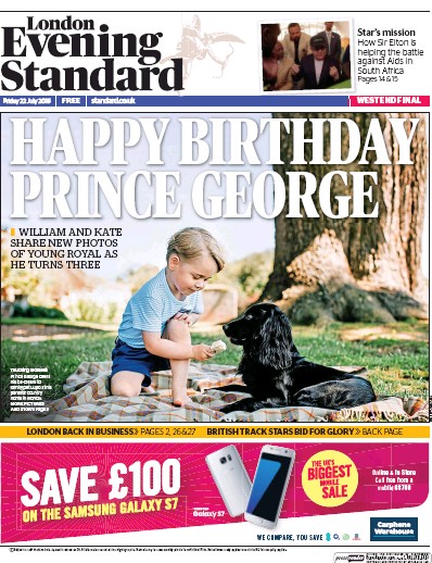 London Evening Standard Newspaper Front Page for 23 July 2016