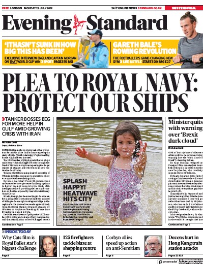 London Evening Standard Newspaper Front Page for 23 July 2019
