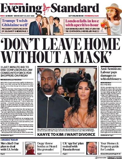 London Evening Standard Newspaper Front Page for 23 July 2020