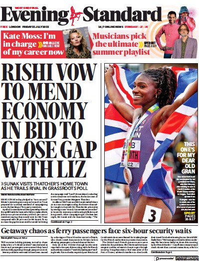 London Evening Standard Newspaper Front Page for 23 July 2022