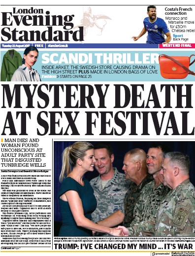 London Evening Standard Newspaper Front Page for 23 August 2017