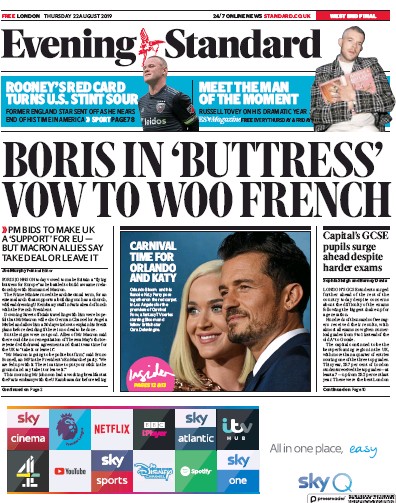 London Evening Standard Newspaper Front Page for 23 August 2019