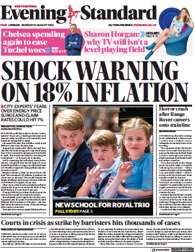 London Evening Standard (UK) Newspaper Front Page for 23 August 2022