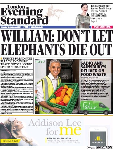 London Evening Standard Newspaper Front Page for 23 September 2016