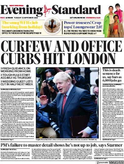 London Evening Standard Newspaper Front Page for 23 September 2020