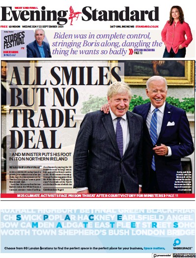 London Evening Standard (UK) Newspaper Front Page for 23 September 2021
