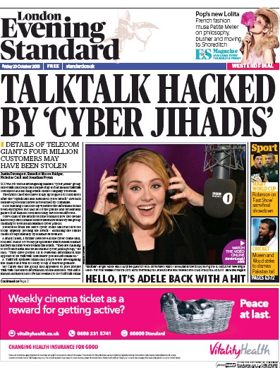 London Evening Standard Newspaper Front Page for 24 October 2015