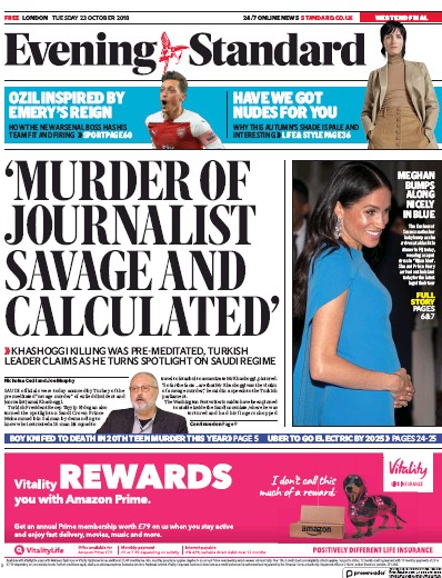 London Evening Standard Newspaper Front Page for 24 October 2018