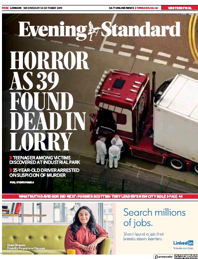 London Evening Standard Newspaper Front Page for 24 October 2019