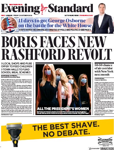 London Evening Standard Newspaper Front Page for 24 October 2020