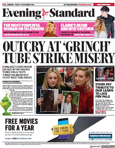 London Evening Standard Newspaper Front Page for 24 November 2018