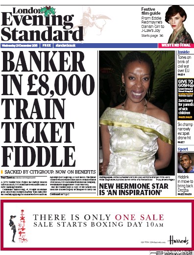 London Evening Standard Newspaper Front Page for 24 December 2015