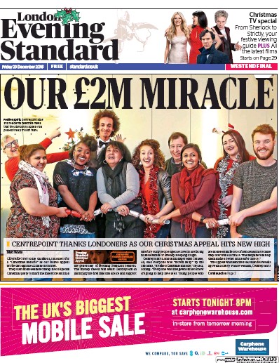 London Evening Standard Newspaper Front Page for 24 December 2016