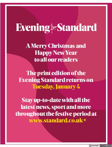 London Evening Standard (UK) Newspaper Front Page for 24 December 2021