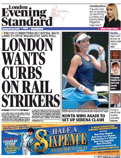 London Evening Standard Newspaper Front Page for 24 January 2017