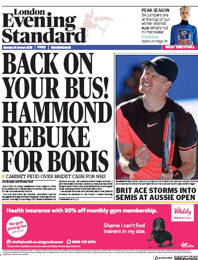 London Evening Standard Newspaper Front Page for 24 January 2018