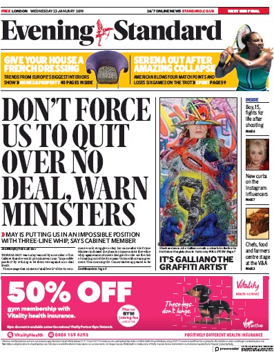 London Evening Standard (UK) Newspaper Front Page for 24 January 2019