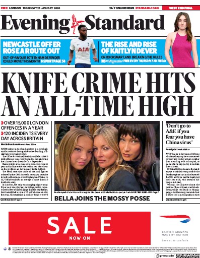 London Evening Standard Newspaper Front Page for 24 January 2020