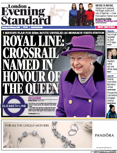 London Evening Standard Newspaper Front Page for 24 February 2016