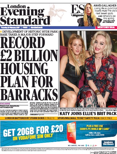 London Evening Standard Newspaper Front Page for 24 February 2017