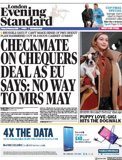 London Evening Standard Newspaper Front Page for 24 February 2018