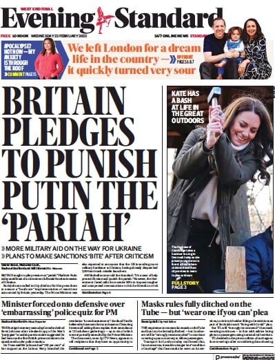 London Evening Standard Newspaper Front Page for 24 February 2022