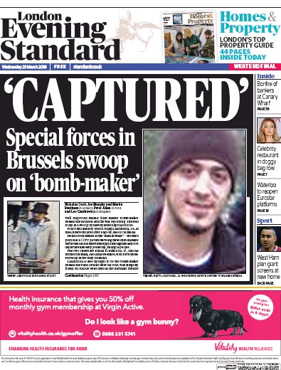 London Evening Standard Newspaper Front Page for 24 March 2016