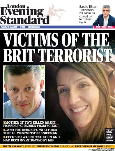 London Evening Standard Newspaper Front Page for 24 March 2017