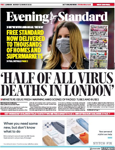 London Evening Standard Newspaper Front Page for 24 March 2020