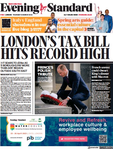 London Evening Standard (UK) Newspaper Front Page for 24 March 2023