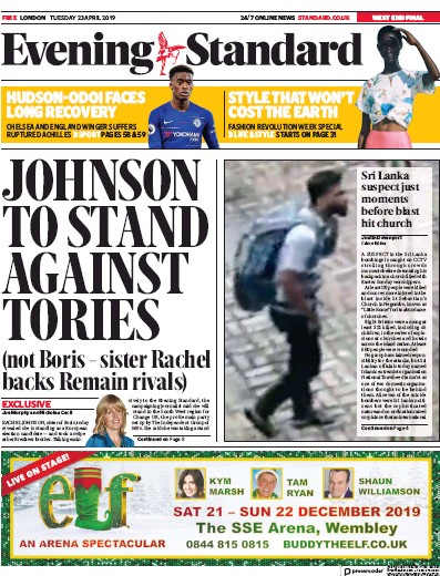 London Evening Standard Newspaper Front Page for 24 April 2019