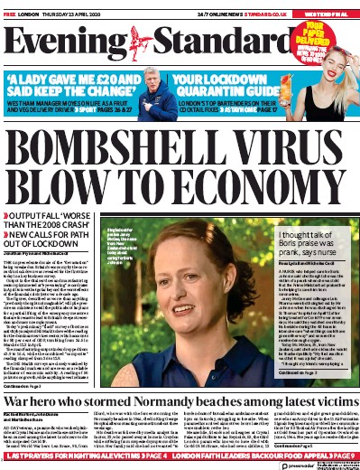 London Evening Standard Newspaper Front Page for 24 April 2020